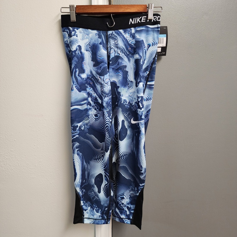 NIKE PRO Dri Fit Womens Printed Capri Compression Capri Leggings Blue Medium